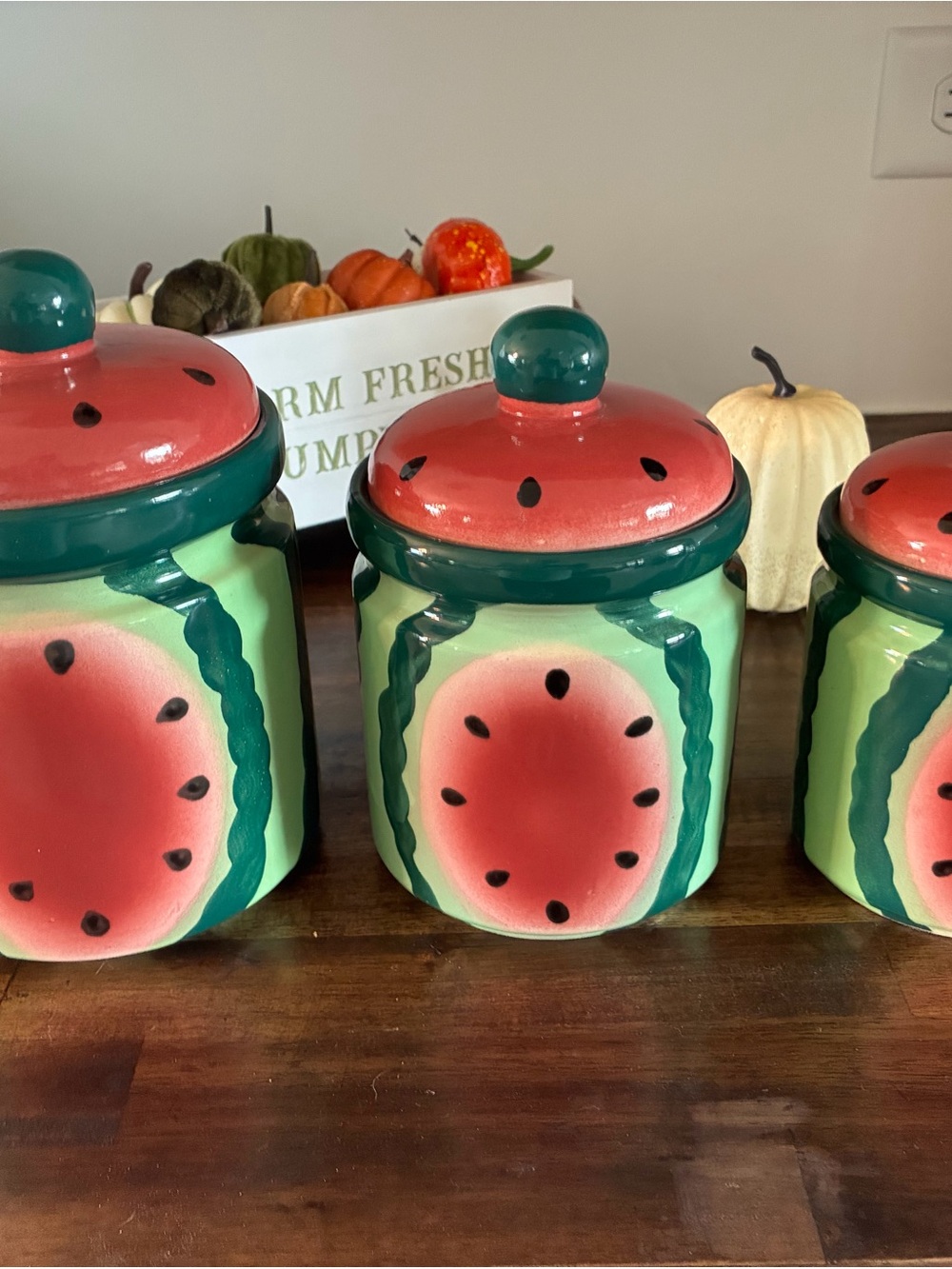 Ceramic Watermelon Farmhouse Canister Set - Green & Pink Kitchen Storage